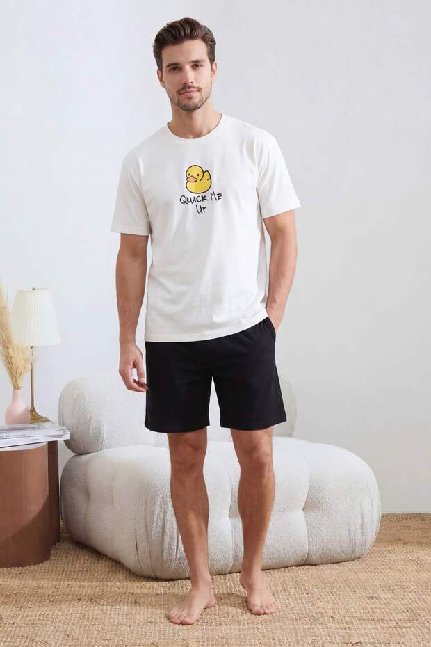Ekru Regular Kesim Ördek Baskılı Pamuklu Pijama Takımı TMNSS26PT00027 - 3