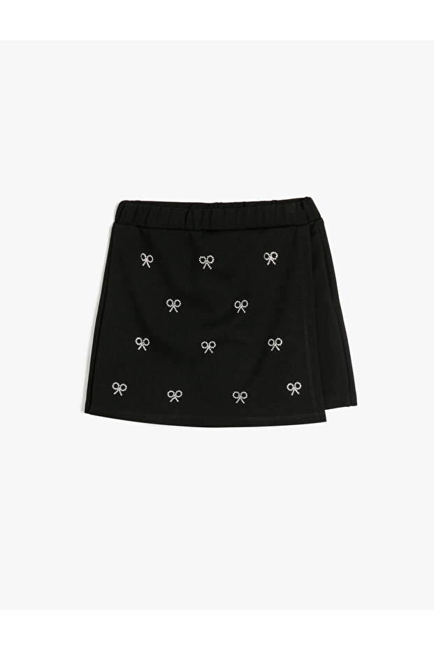 Double-Breasted Shorts Skirt with Bow Detail and Stone Print, Elastic Waist