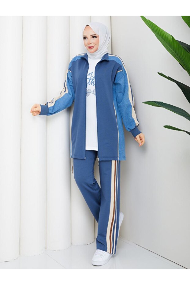 3 Piece Women's Sports Set Two Thread Pa Cotton Ot Detailed Striped Set N-05500 _ Blue