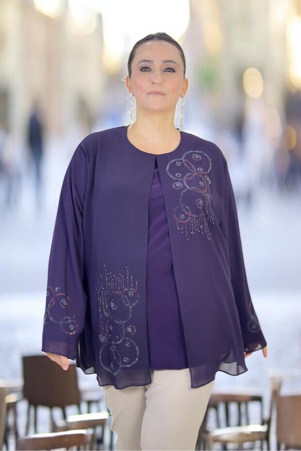 Sandy Fabric Inside, Stone Embroidered on the Outside, Chiffon Plus Size Women's Double Blouse