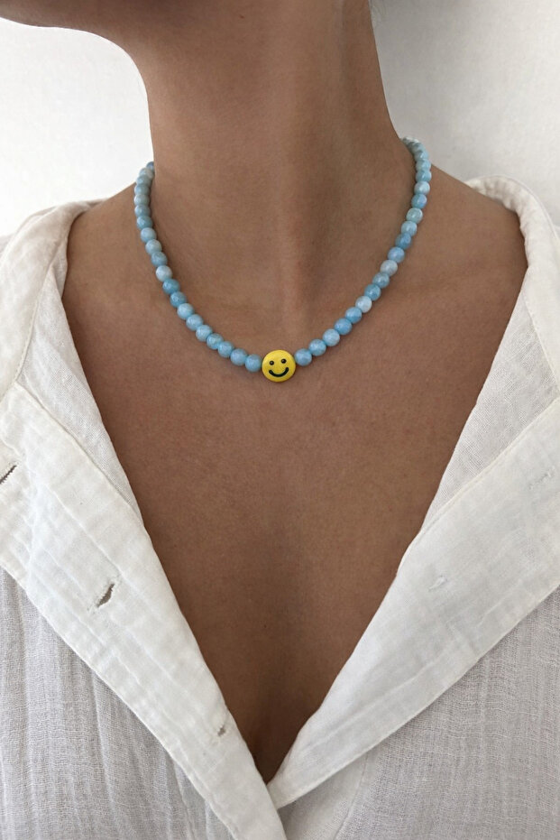 Blue Ceyt Stone Natural Stone, Murano Glass Smiley Face Pendant