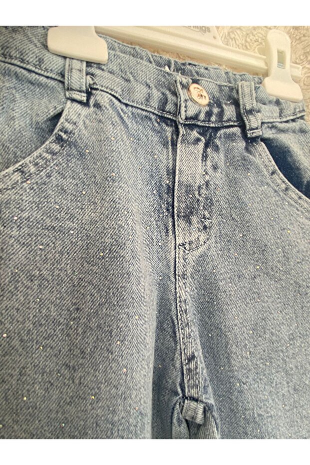 Flared Stone Decorated Girls' Pants D Denim