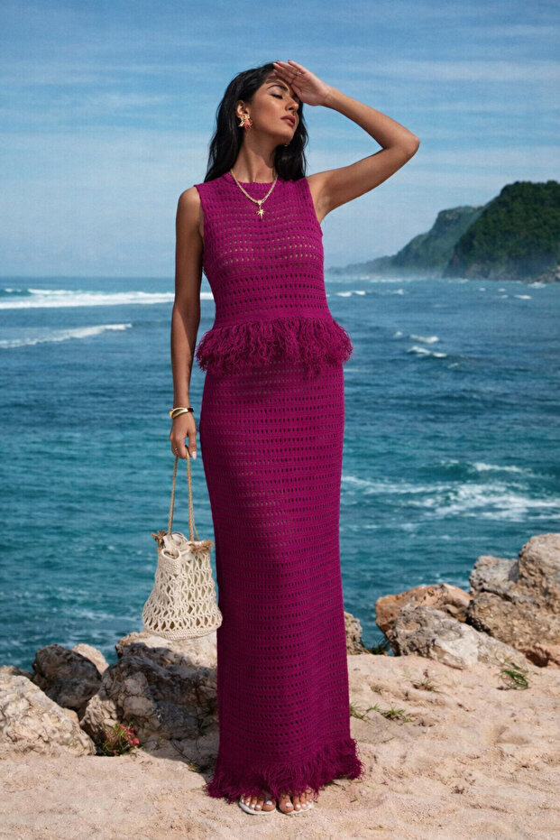 Plum Tassel Detailed Lace-Like Knit Knitwear Set 10086