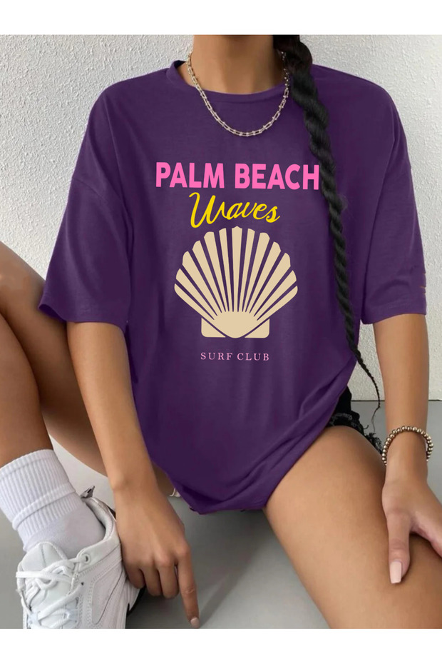 تيشيرت PALM BEACH مطبوع كبير الحجم برقبة دائرية وأكمام قصيرة من القطن الممشط للصيف