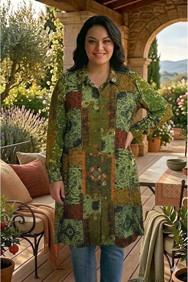 Plus Size Women's Summer Patterned Viscose Tunic Shirt