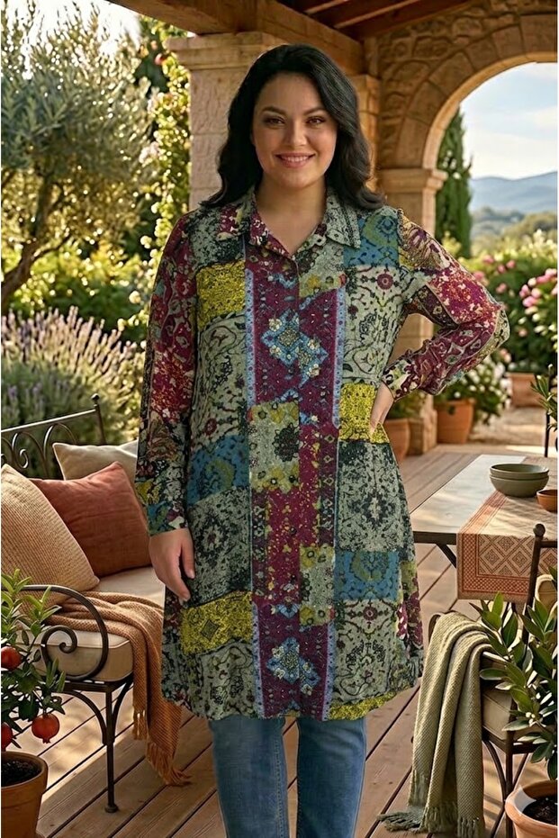 Plus Size Women's Summer Patterned Viscose Tunic Shirt
