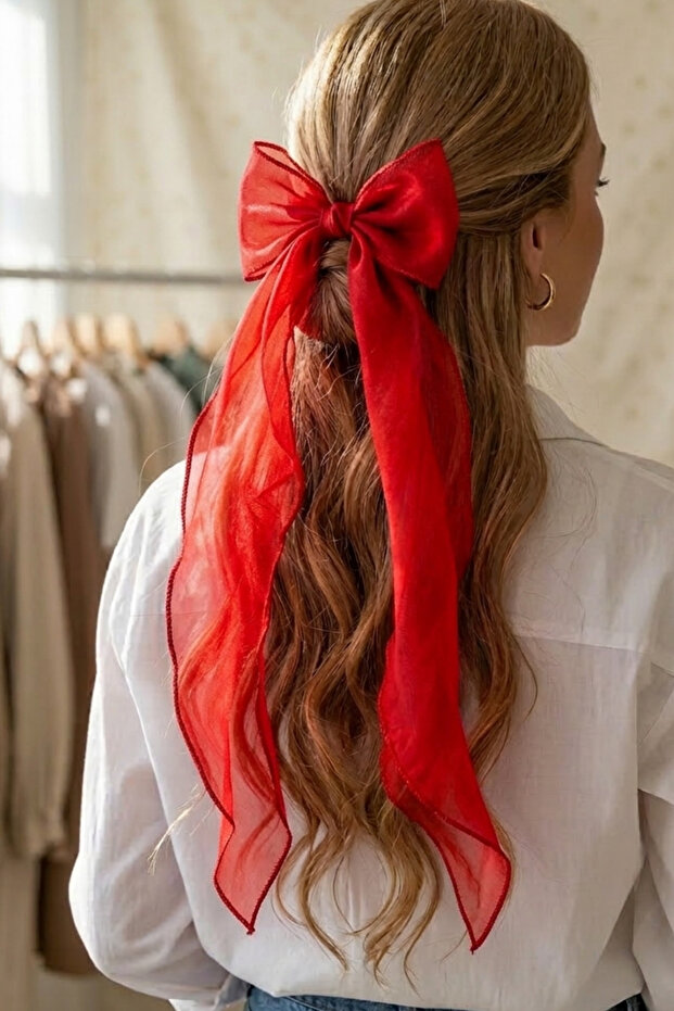 Women's Long Tulle Bow Buckle Red