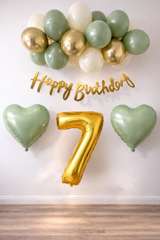 Adaçayı Concept 7Th Birthday Set; Mold Green-Chrome Gold- Sea Sand and Sage Heart Foil Balloon