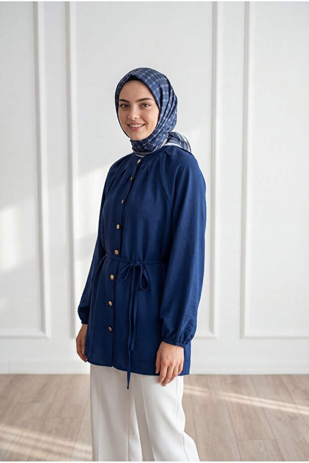 Büge Ruched Balloon Sleeve Gold Buttoned Shirt-Na784 Navy Blue