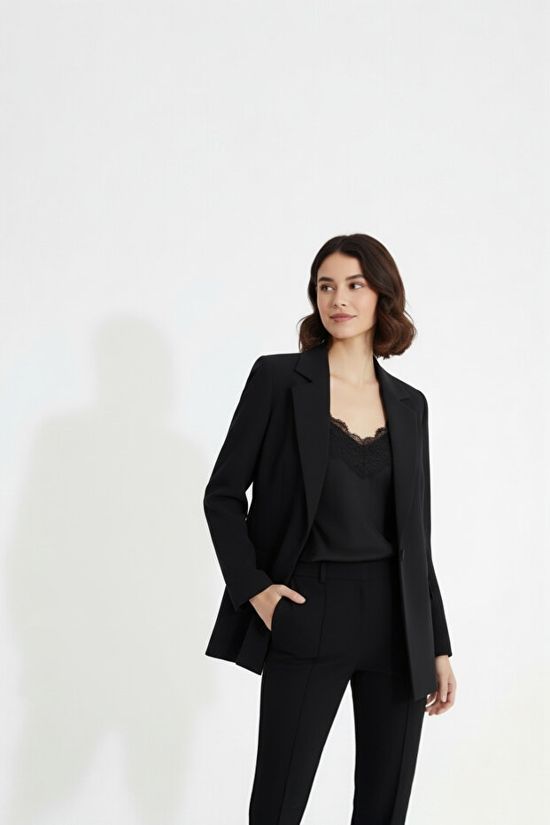 Black Blazer Jacket with One Button - 3