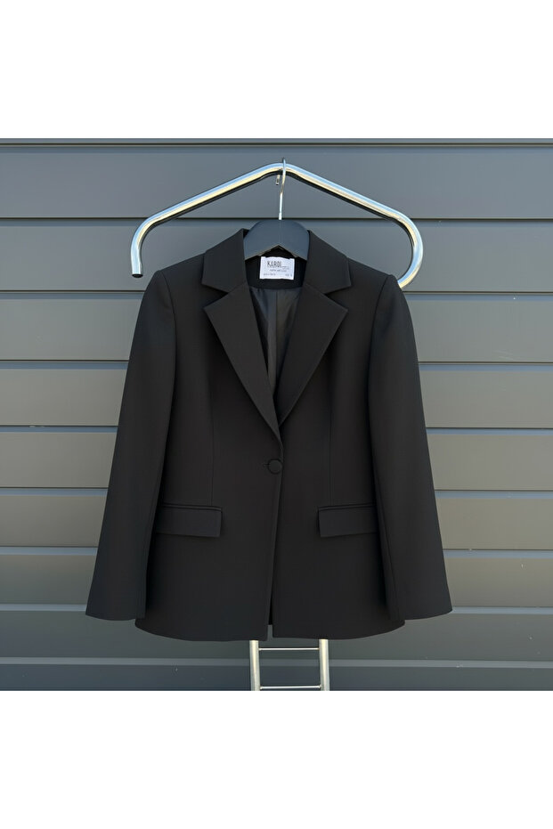 Black Blazer Jacket with One Button - 6