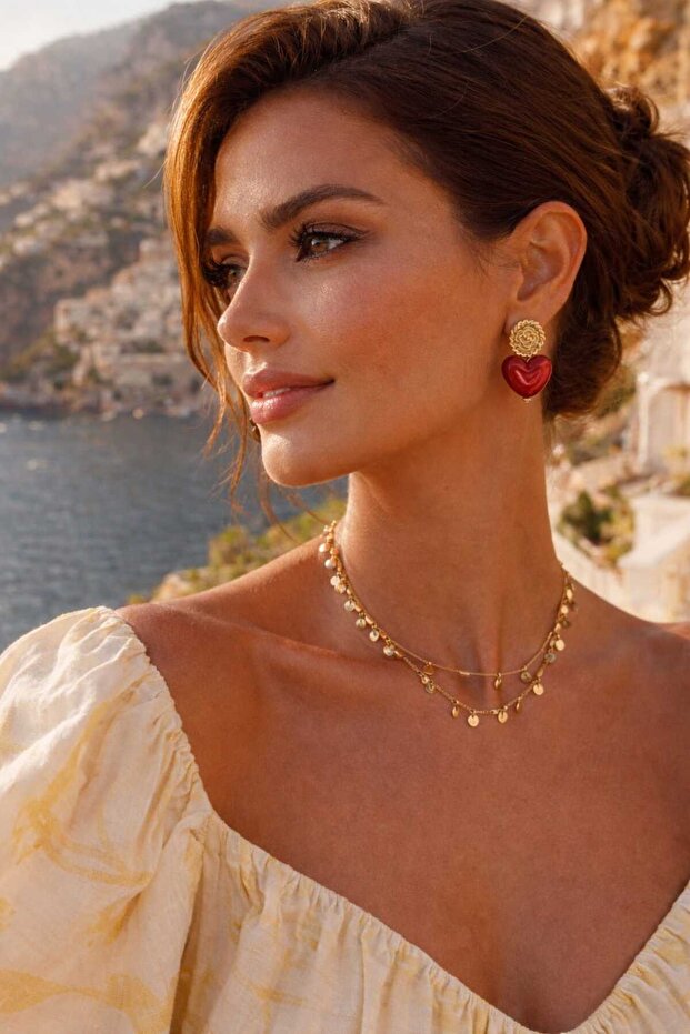 Heart Figured Gold Color Red Earrings