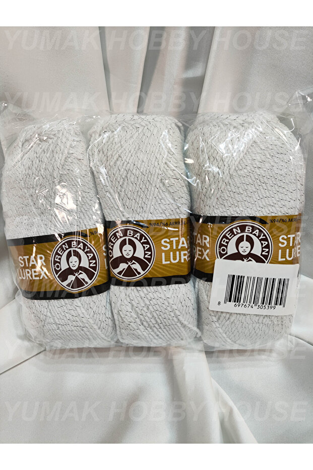 Star Lurex White Hand Knitting Yarn (3 Pieces) - Color: 000g