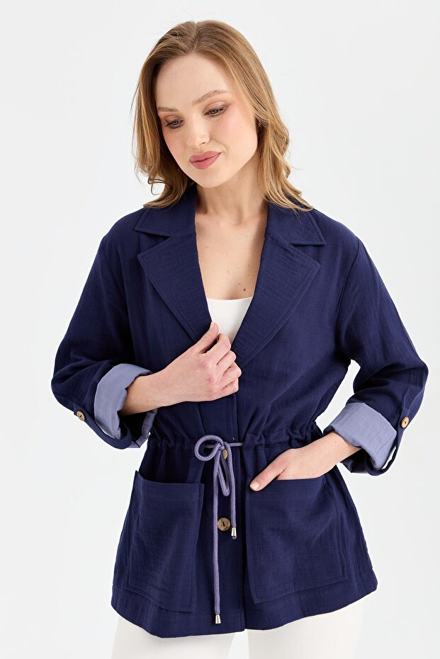 Women's Tie Waist 100% Cotton Jacket Navy Blue