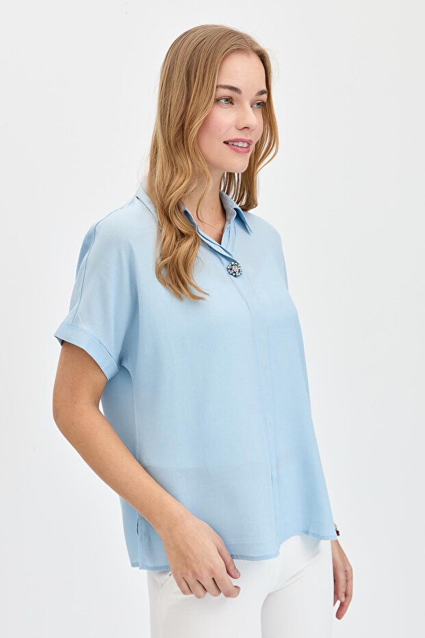 Women's Brooched Maroken Shirt B. Blue
