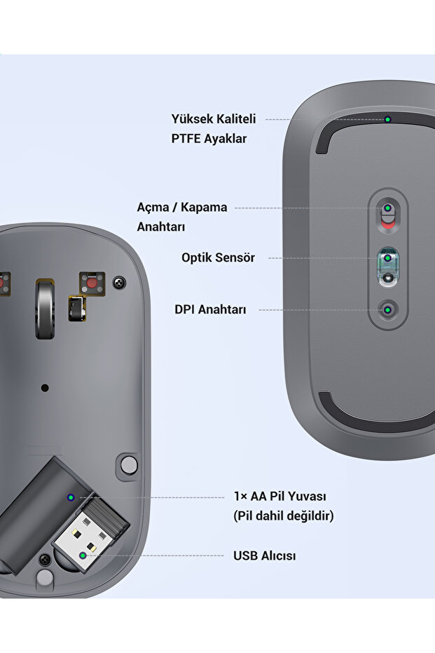 2.4Ghz Sessiz Tuşlu Kablosuz Optik Mouse, Gri, 90373 - 7