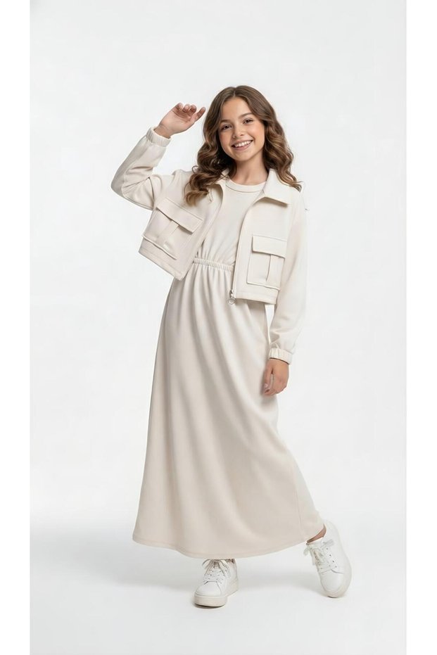 Girl's Jacketed Dress Set Daily Comfortable Stylish Islamic Clothing Combination-Aüt-00740-324