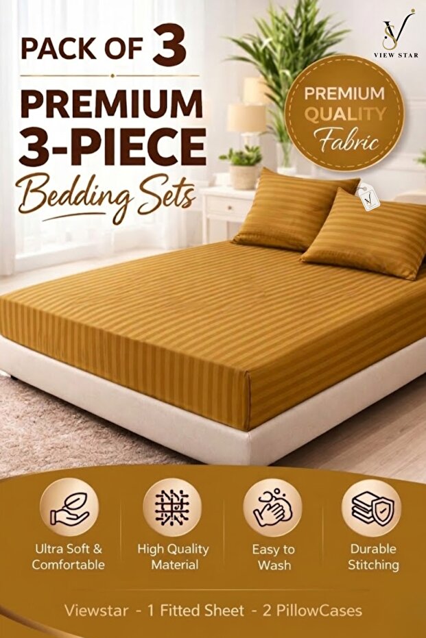 3-Piece Striped Fitted Bed Sheet Set with 2 Pillowcases, Soft Breathable Bedding