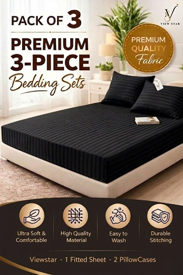 3-Piece Striped Fitted Bed Sheet Set with 2 Pillowcases, Soft Breathable Bedding