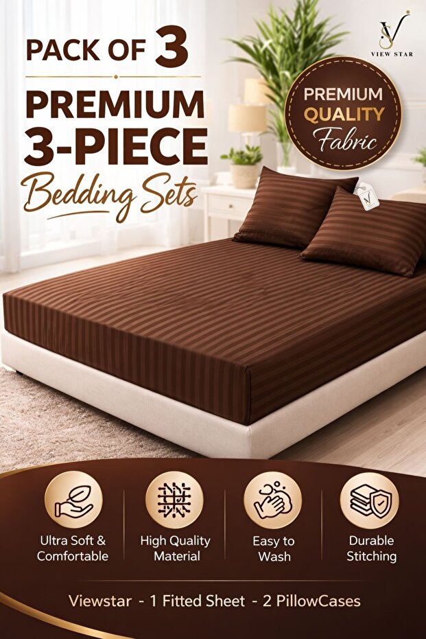 3-Piece Striped Fitted Bed Sheet Set with 2 Pillowcases, Soft Breathable Bedding