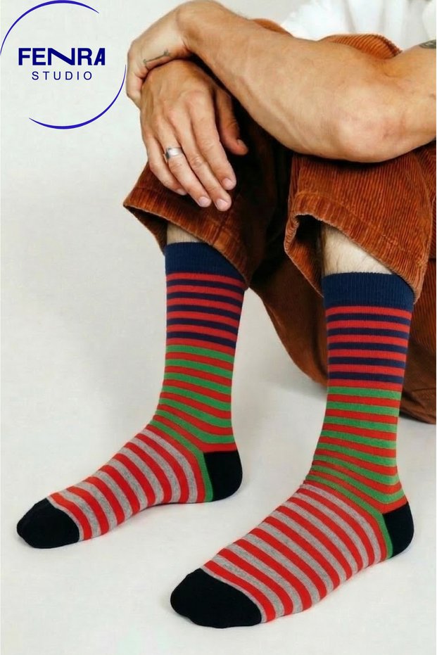 Men's Red Green Navy Blue Striped Cotton Toe Seamless Socks