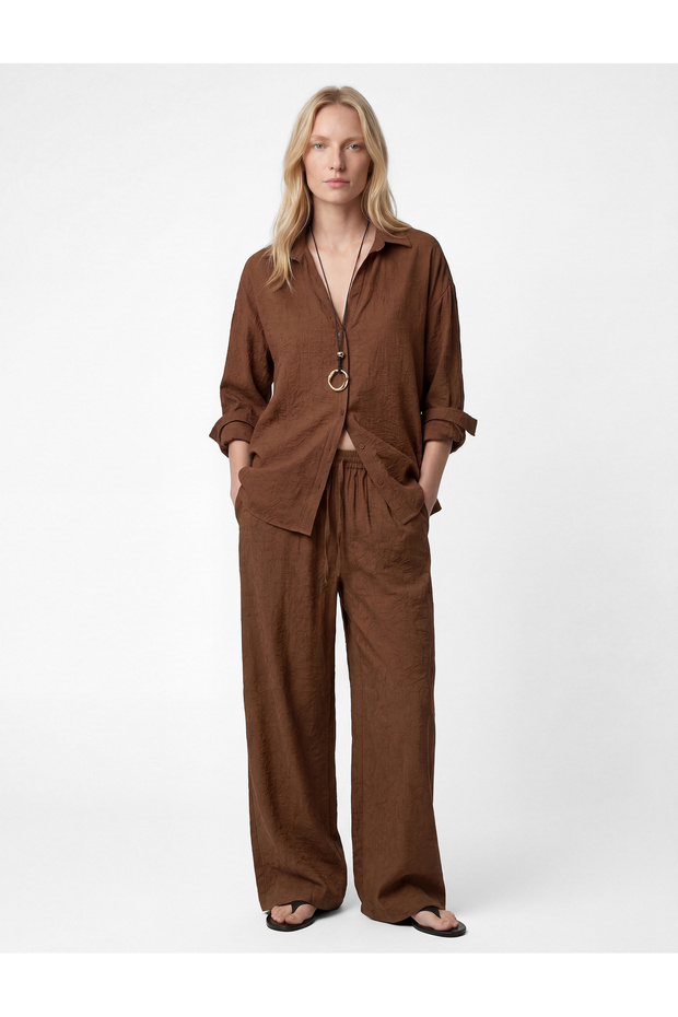 Modal Fabric Waistband Tie-Detail Textured Wide Leg Pants