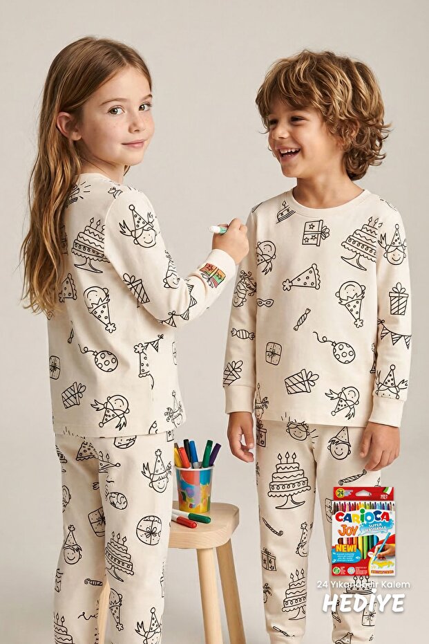 Paintable Birthday Themed Children's Pajama Set – Washable 24-Piece Pencil Gift Set