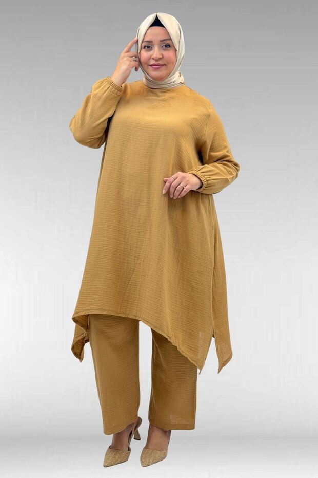 67044 Plus Size Asymmetrical Cut Pants Muslin Set - Biscuit