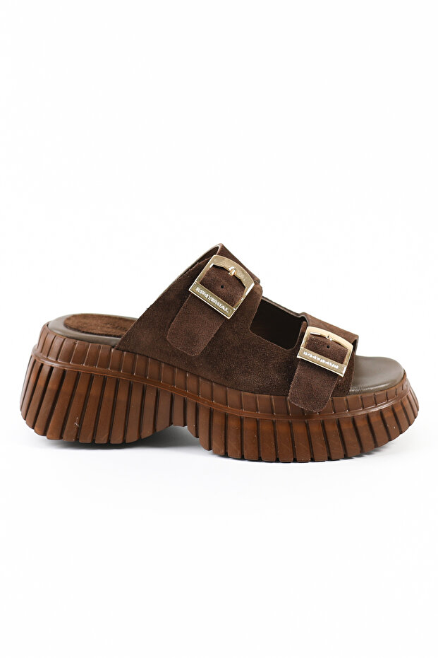 Genuine Leather Brown High Sole Women's Shoes Slipper - Rgn01