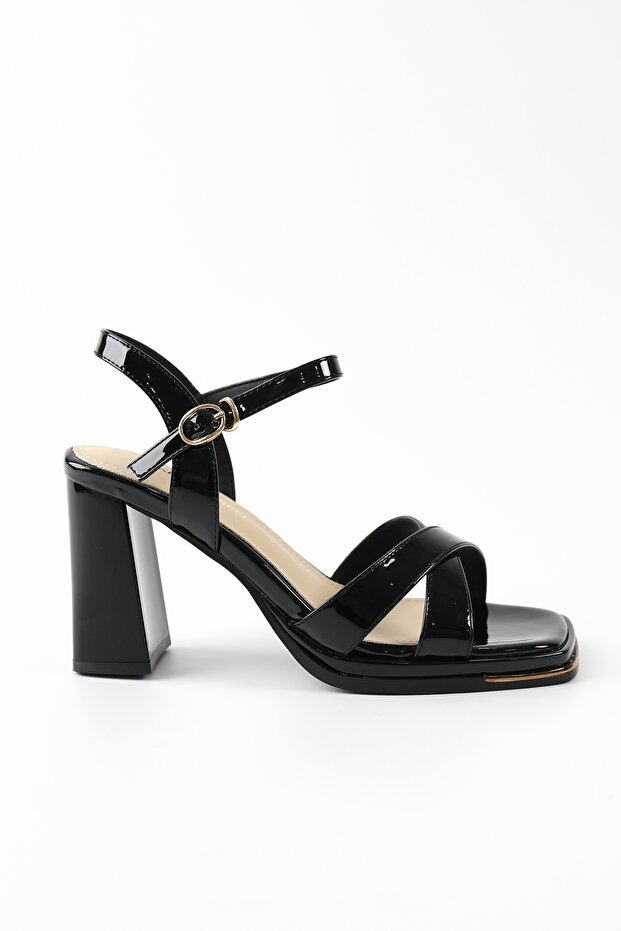 Leather Black Patent Leather Heeled Women's Sandals - Kb3012