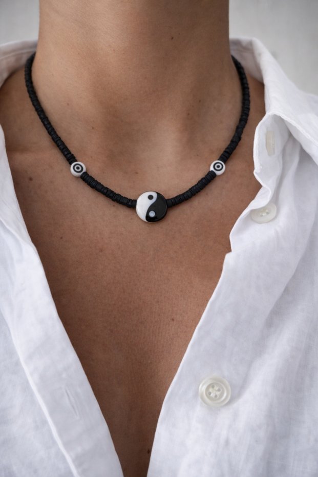 Black Fimo Murano Glass Balance Necklace 40 Cm + 5 Cm Extension