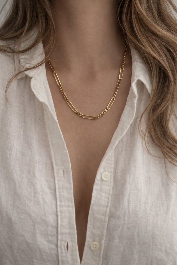 Steel Gold Scrunch Chain Intermediate Long Paperclip Mix Samsara Chain Necklace - No Darkening -