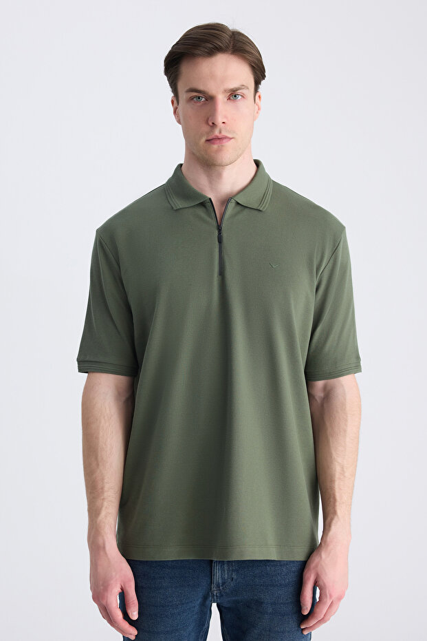Ds Damat Regular Fit Green Pique Textured 100% Cotton T-Shirt