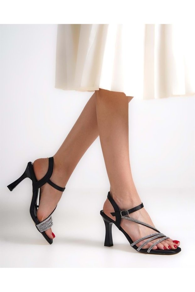 Mehtap Four Stripes Stone 8 cm Heeled Women's Evening Dress Shoes BLACK