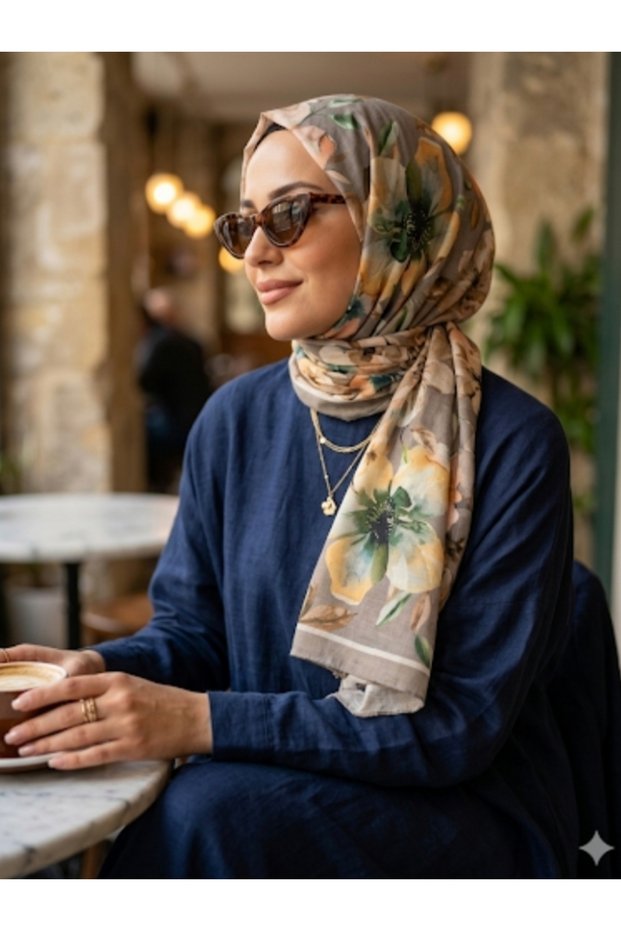 Digital Multi-Colored Gray Detailed Magnolia Soft Cashmere Shawl
