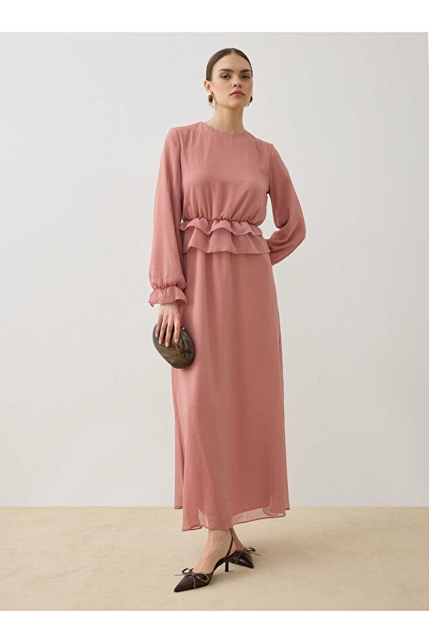 Chiffon Fabric Waist Fold Detailed Hijab Dress - Dark Rose -