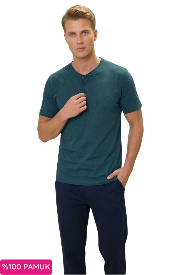 Men's Petrol 3-Button 100% Cotton Summer Short Sleeve Pajama Set with Pockets