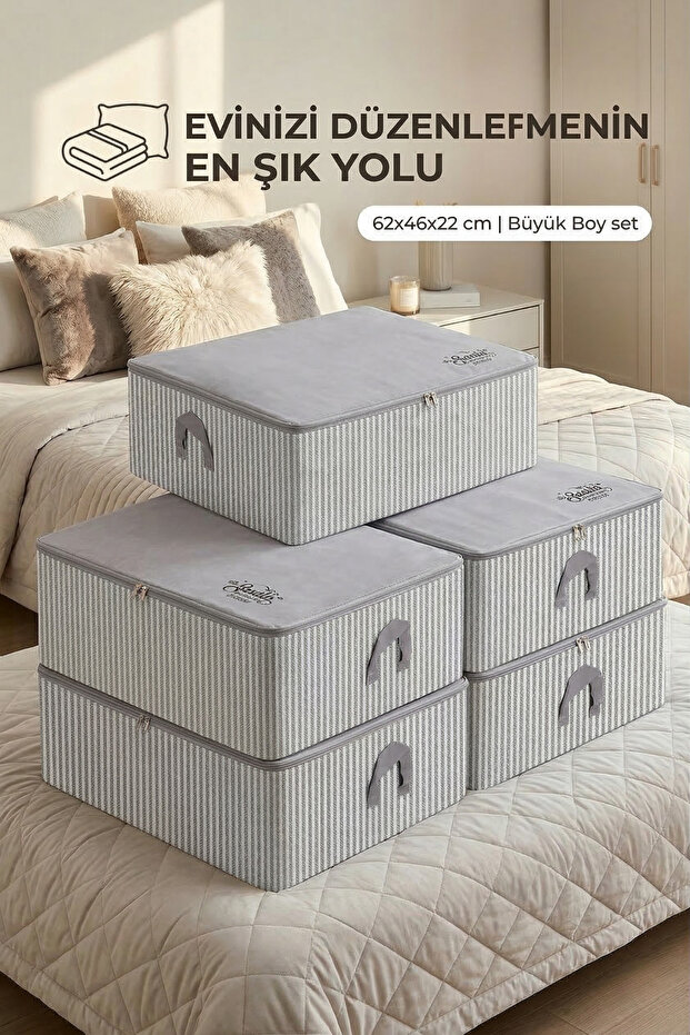 5-Piece Large Size Pillow Gray Striped Under Base Sweater Pique Blanket Bag 62x46x22