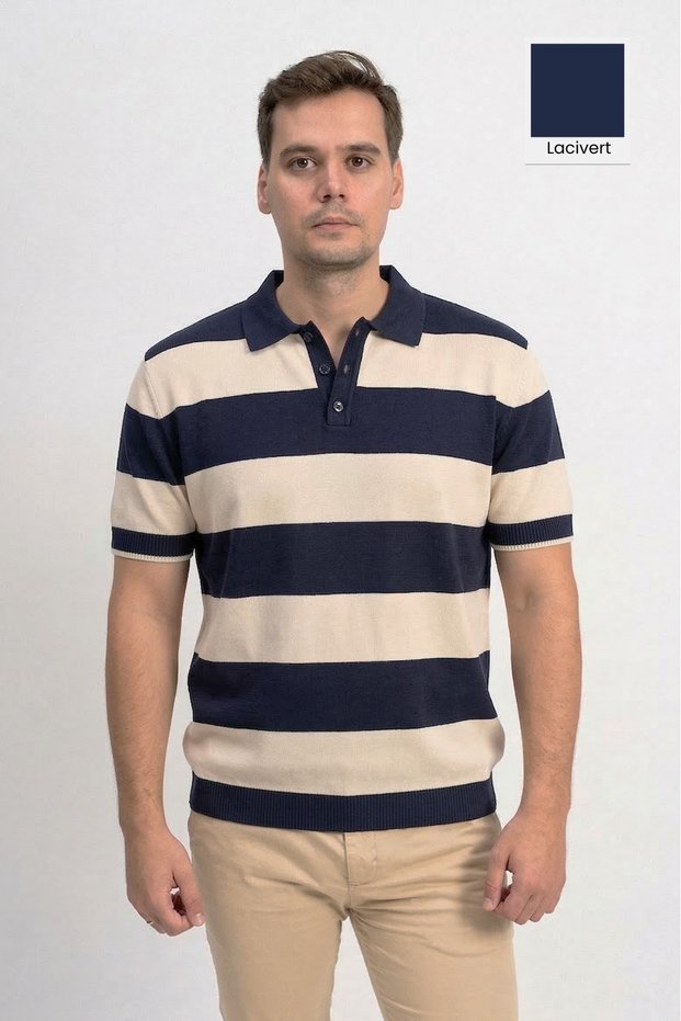 Short Sleeve Polo Collar Men's Knitwear T-Shirt - Navy Blue