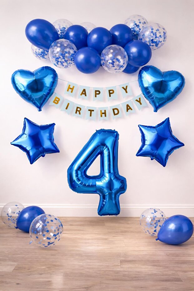 4 Years Old Blue Concept Birthday Set; Heart Star Foil Balloon Set