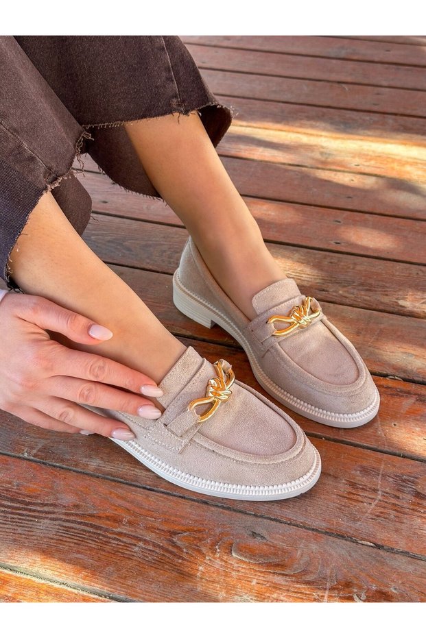 Beige Suede (Osse) Gold Spiral Buckle Detail Women's Loafers