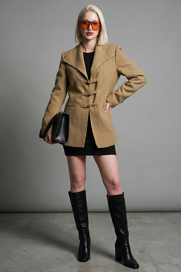 Khaki Tie Detail Blazer Women's Jacket Mg2482