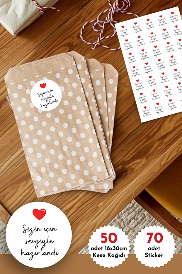 Bimotif 50li Büyük Boy Hediye Paketi Seti, Puantiyeli Kese Kağıdı (18x30cm) ve 70 adet Sticker