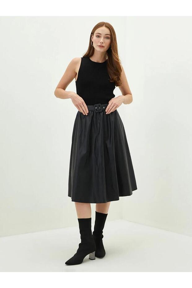 Buy Belt Pieces of A-Line Leather-Look Fabric Women's Skirt (W1)