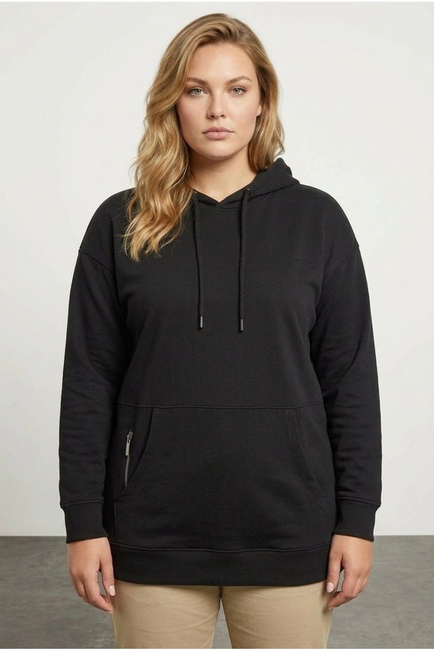 Large Size Pocketed Long Sleeve Hooded Zipper Cotton Sweatshirt 303800