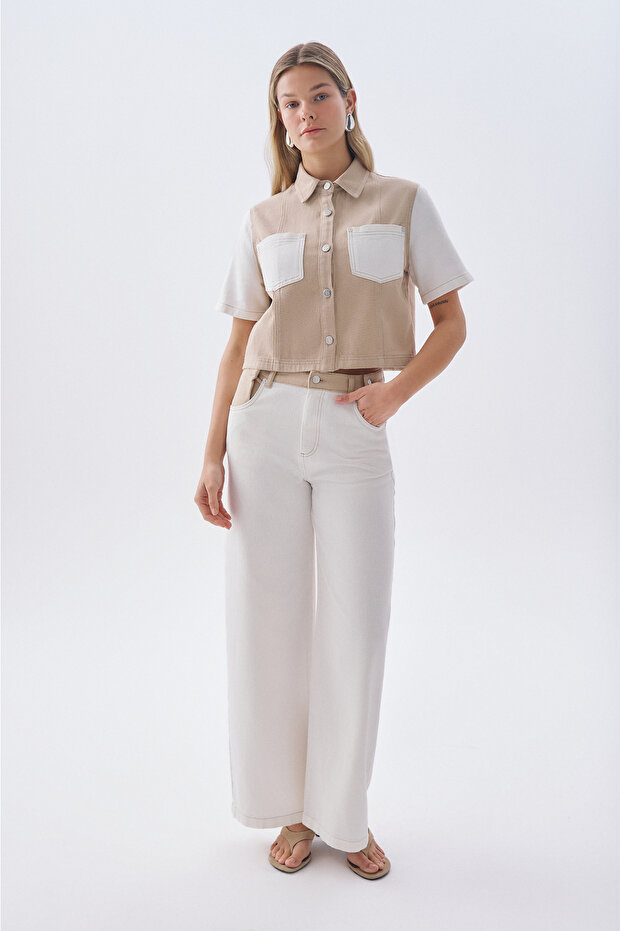 Women's Ecru Color Block Wide Leg Pants
