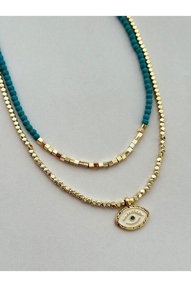 Turquoise Beads and Cube Beads Eye Detail Summer Necklace (Double Necklace Trendy Necklace)