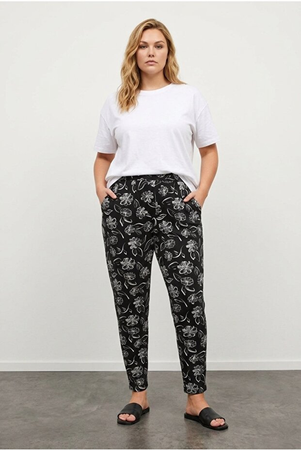 Plus Size Narrow Leg Patterned Pocketed Carrot Cut Stretch Fabric Viscose Pants 143733