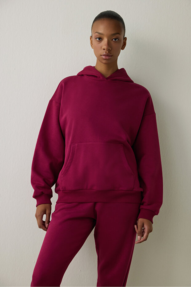 Mor Kapüşonlu Oversize Sweatshirt - 1