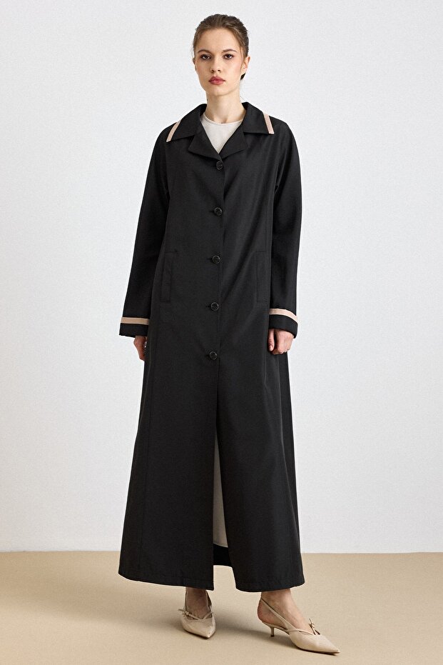 Garni Detailed Bat Sleeve Large Size Lined Bonding Overcoat Black 4311